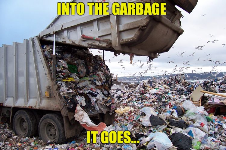 garbage dump | INTO THE GARBAGE IT GOES... | image tagged in garbage dump | made w/ Imgflip meme maker
