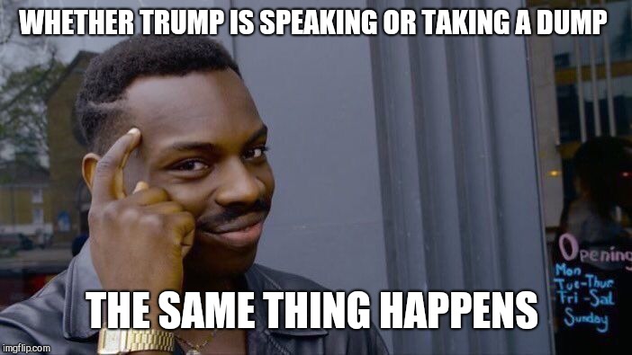 Roll Safe Think About It Meme | WHETHER TRUMP IS SPEAKING OR TAKING A DUMP THE SAME THING HAPPENS | image tagged in memes,roll safe think about it | made w/ Imgflip meme maker