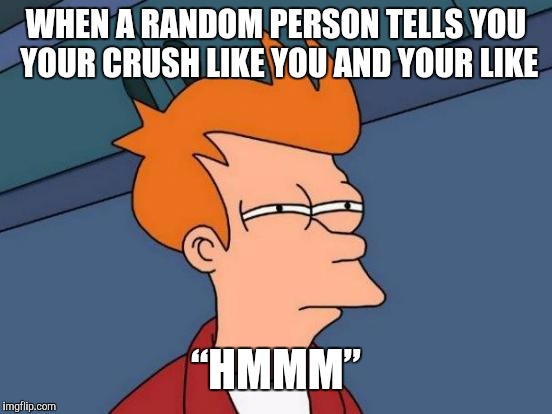 Futurama Fry | WHEN A RANDOM PERSON TELLS YOU YOUR CRUSH LIKE YOU AND YOUR LIKE; “HMMM” | image tagged in memes,futurama fry | made w/ Imgflip meme maker
