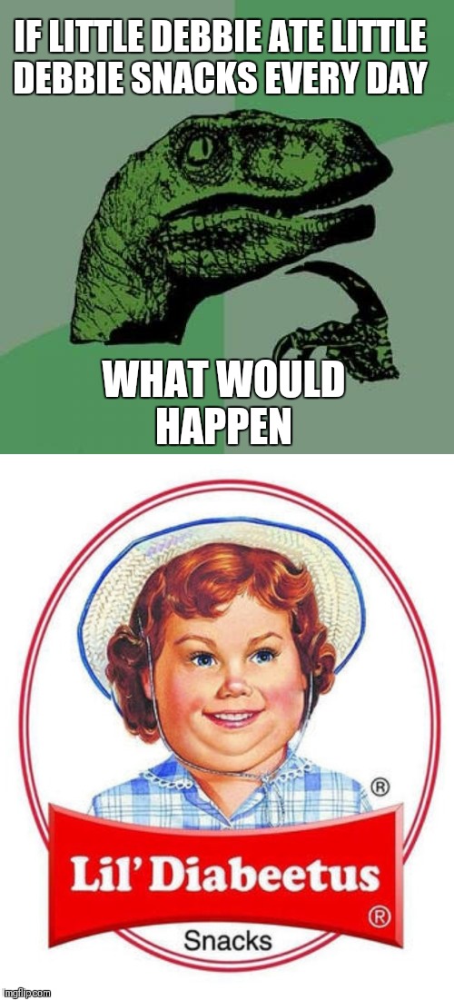 Snacks snacks snacks  | IF LITTLE DEBBIE ATE LITTLE DEBBIE SNACKS EVERY DAY; WHAT WOULD HAPPEN | image tagged in philosoraptor,snacks,you had one job,fat,junk food,memes | made w/ Imgflip meme maker
