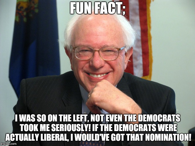 Vote Bernie Sanders | FUN FACT; I WAS SO ON THE LEFT, NOT EVEN THE DEMOCRATS TOOK ME SERIOUSLY! IF THE DEMOCRATS WERE ACTUALLY LIBERAL, I WOULD'VE GOT THAT NOMINA | image tagged in vote bernie sanders | made w/ Imgflip meme maker