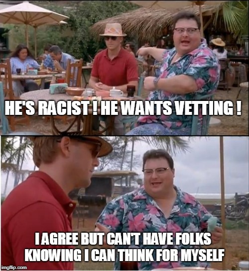 See Nobody Cares | HE'S RACIST ! HE WANTS VETTING ! I AGREE BUT CAN'T HAVE FOLKS KNOWING I CAN THINK FOR MYSELF | image tagged in memes,see nobody cares | made w/ Imgflip meme maker