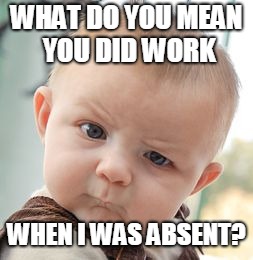 Skeptical Baby | WHAT DO YOU MEAN YOU DID WORK; WHEN I WAS ABSENT? | image tagged in memes,skeptical baby | made w/ Imgflip meme maker