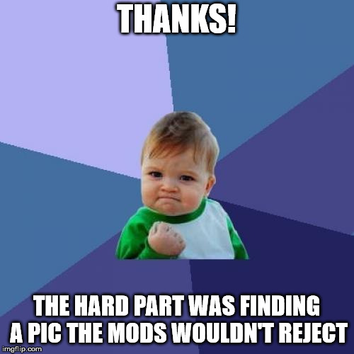 Success Kid Meme | THANKS! THE HARD PART WAS FINDING A PIC THE MODS WOULDN'T REJECT | image tagged in memes,success kid | made w/ Imgflip meme maker