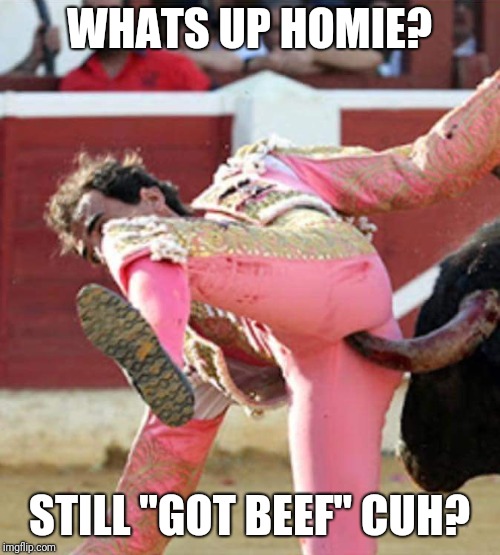 Still got beef | WHATS UP HOMIE? STILL "GOT BEEF" CUH? | image tagged in bullshit,matador | made w/ Imgflip meme maker