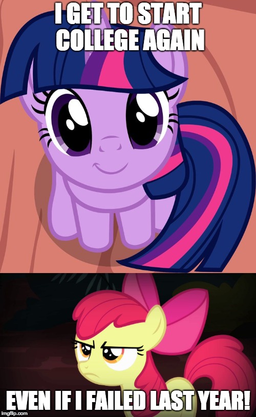 Back into it! | I GET TO START COLLEGE AGAIN; EVEN IF I FAILED LAST YEAR! | image tagged in memes,my little pony,twilight is interested,angry applebloom,college,xanderbrony | made w/ Imgflip meme maker
