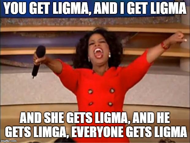 Oprah You Get A | YOU GET LIGMA, AND I GET LIGMA; AND SHE GETS LIGMA, AND HE GETS LIMGA, EVERYONE GETS LIGMA | image tagged in memes,oprah you get a | made w/ Imgflip meme maker