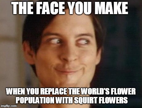 Spiderman Peter Parker | THE FACE YOU MAKE; WHEN YOU REPLACE THE WORLD'S FLOWER POPULATION WITH SQUIRT FLOWERS | image tagged in memes,spiderman peter parker | made w/ Imgflip meme maker