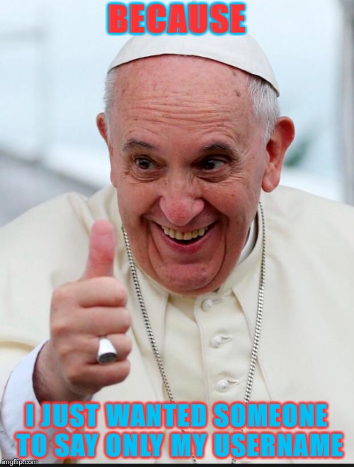 Yes because I love the pope | BECAUSE I JUST WANTED SOMEONE TO SAY ONLY MY USERNAME | image tagged in yes because i love the pope | made w/ Imgflip meme maker