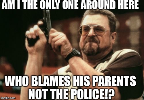 AM I THE ONLY ONE AROUND HERE WHO BLAMES HIS PARENTS NOT THE POLICE!? | image tagged in memes,am i the only one around here | made w/ Imgflip meme maker