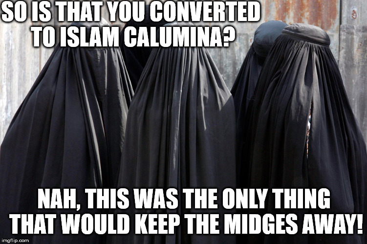 burkas | SO IS THAT YOU CONVERTED TO ISLAM CALUMINA? NAH, THIS WAS THE ONLY THING THAT WOULD KEEP THE MIDGES AWAY! | image tagged in burkas | made w/ Imgflip meme maker
