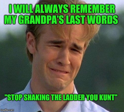 I'm so sorry  | I WILL ALWAYS REMEMBER MY GRANDPA’S LAST WORDS; "STOP SHAKING THE LADDER YOU KUNT" | image tagged in memes,1990s first world problems,grandpa,last words | made w/ Imgflip meme maker