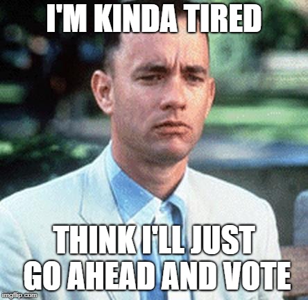forrest gump | I'M KINDA TIRED; THINK I'LL JUST GO AHEAD AND VOTE | image tagged in forrest gump | made w/ Imgflip meme maker