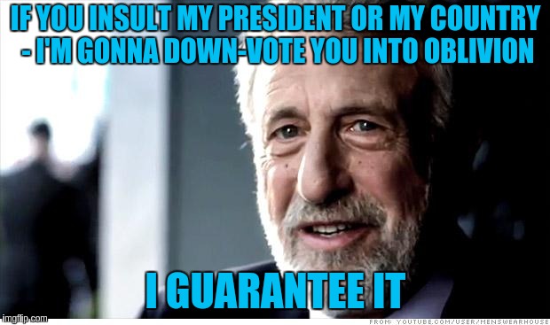 He's your President - like it or not.  Suck it up buttercup.  | IF YOU INSULT MY PRESIDENT OR MY COUNTRY - I'M GONNA DOWN-VOTE YOU INTO OBLIVION; I GUARANTEE IT | image tagged in memes,i guarantee it | made w/ Imgflip meme maker