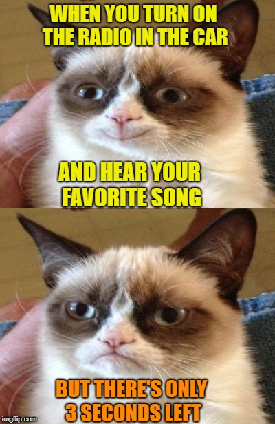 Rollin' down the road | WHEN YOU TURN ON THE RADIO IN THE CAR; AND HEAR YOUR FAVORITE SONG; BUT THERE'S ONLY 3 SECONDS LEFT | image tagged in funny memes,grumpy cat,that's life,bad luck | made w/ Imgflip meme maker