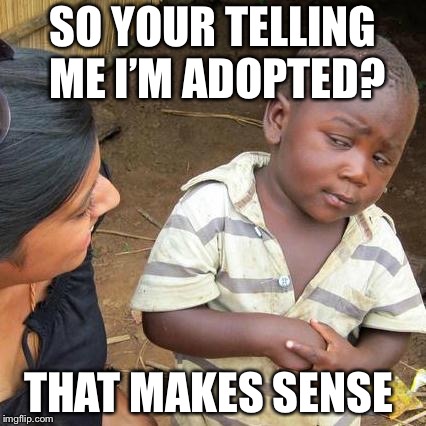 The mother is diffent | SO YOUR TELLING ME I’M ADOPTED? THAT MAKES SENSE | image tagged in memes,third world skeptical kid | made w/ Imgflip meme maker