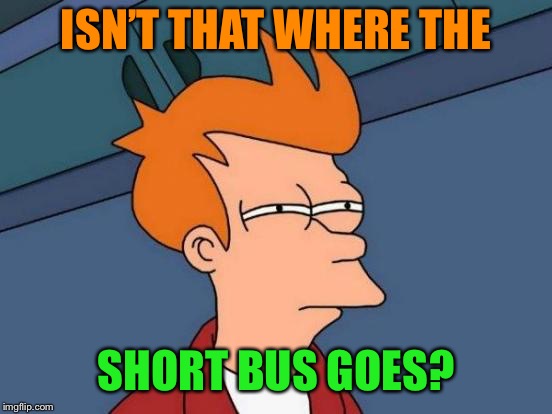 Futurama Fry Meme | ISN’T THAT WHERE THE SHORT BUS GOES? | image tagged in memes,futurama fry | made w/ Imgflip meme maker