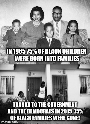 IN 1965 75% OF BLACK CHILDREN WERE BORN INTO FAMILIES; THANKS TO THE GOVERNMENT AND THE DEMOCRATS IN 2015  75% OF BLACK FAMILIES WERE GONE! | made w/ Imgflip meme maker