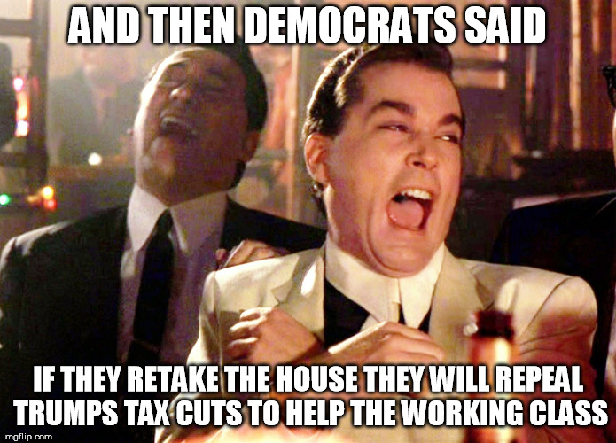 Good Fellas Hilarious | AND THEN DEMOCRATS SAID; IF THEY RETAKE THE HOUSE THEY WILL REPEAL TRUMPS TAX CUTS TO HELP THE WORKING CLASS | image tagged in memes,good fellas hilarious,democrats,tax cuts,crying democrats | made w/ Imgflip meme maker
