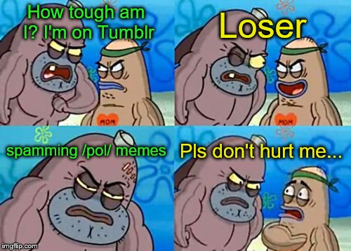 /pol/ | Loser; How tough am I? I'm on Tumblr; spamming /pol/ memes; Pls don't hurt me... | image tagged in memes,how tough are you,4chan,tumblr | made w/ Imgflip meme maker