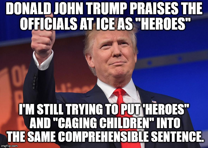 donald trump | DONALD JOHN TRUMP PRAISES THE OFFICIALS AT ICE AS "HEROES"; I'M STILL TRYING TO PUT 'HEROES" AND "CAGING CHILDREN" INTO THE SAME COMPREHENSIBLE SENTENCE. | image tagged in donald trump | made w/ Imgflip meme maker