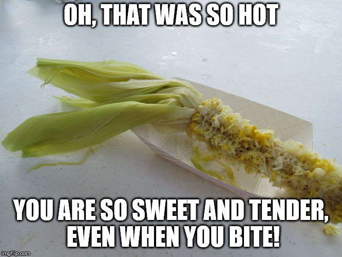 naked corn | OH, THAT WAS SO HOT YOU ARE SO SWEET AND TENDER, EVEN WHEN YOU BITE! | image tagged in naked corn | made w/ Imgflip meme maker