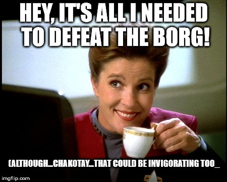 Janeway | HEY, IT'S ALL I NEEDED TO DEFEAT THE BORG! (ALTHOUGH...CHAKOTAY...THAT COULD BE INVIGORATING TOO_ | image tagged in janeway | made w/ Imgflip meme maker