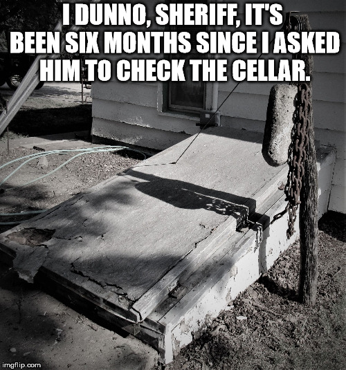 Concerned wife? | I DUNNO, SHERIFF, IT'S BEEN SIX MONTHS SINCE I ASKED HIM TO CHECK THE CELLAR. | image tagged in storm shelter,cellar,missing,crime,creepy | made w/ Imgflip meme maker