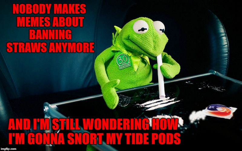 If you're gonna beat a dead horse why stop at just one? | NOBODY MAKES MEMES ABOUT BANNING STRAWS ANYMORE; AND I'M STILL WONDERING HOW I'M GONNA SNORT MY TIDE PODS | image tagged in kermit the frog,memes,straws,funny,tide pods,beating a dead horse | made w/ Imgflip meme maker