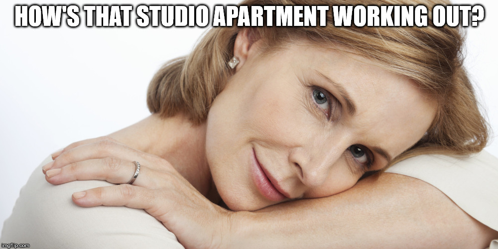 Pensive Woman | HOW'S THAT STUDIO APARTMENT WORKING OUT? | image tagged in pensive woman | made w/ Imgflip meme maker