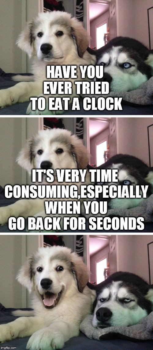 Bad pun dogs | HAVE YOU EVER TRIED TO EAT A CLOCK; IT'S VERY TIME CONSUMING,ESPECIALLY WHEN YOU GO BACK FOR SECONDS | image tagged in bad pun dogs | made w/ Imgflip meme maker