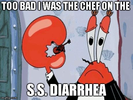 Mr krabs violin | TOO BAD I WAS THE CHEF ON THE S.S. DIARRHEA | image tagged in mr krabs violin | made w/ Imgflip meme maker