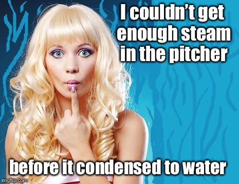 ditzy blonde | I couldn’t get enough steam in the pitcher before it condensed to water | image tagged in ditzy blonde | made w/ Imgflip meme maker