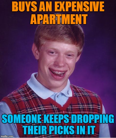 Bad Luck Brian Meme | BUYS AN EXPENSIVE APARTMENT SOMEONE KEEPS DROPPING THEIR PICKS IN IT | image tagged in memes,bad luck brian | made w/ Imgflip meme maker