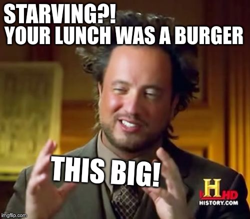 Don't You Know There Are People And So On… | STARVING?! YOUR LUNCH WAS A BURGER; THIS BIG! | image tagged in memes,ancient aliens,food,america,fatty,starving | made w/ Imgflip meme maker