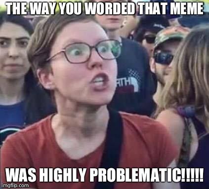 Angry Liberal | THE WAY YOU WORDED THAT MEME WAS HIGHLY PROBLEMATIC!!!!! | image tagged in angry liberal | made w/ Imgflip meme maker