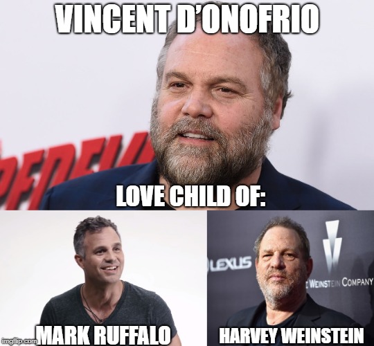 VINCENT D’ONOFRIO; LOVE CHILD OF:; MARK RUFFALO; HARVEY WEINSTEIN | image tagged in hulk | made w/ Imgflip meme maker