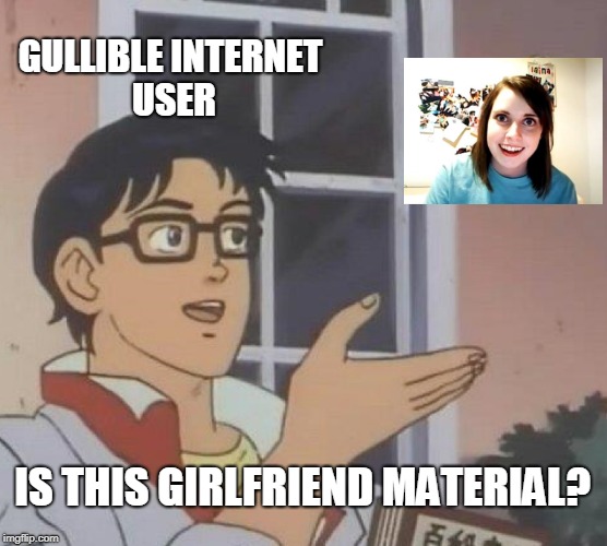 Is This A Pigeon Meme | GULLIBLE INTERNET USER; IS THIS GIRLFRIEND MATERIAL? | image tagged in memes,is this a pigeon | made w/ Imgflip meme maker