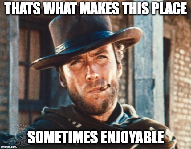 Clint Eastwood | THATS WHAT MAKES THIS PLACE SOMETIMES ENJOYABLE | image tagged in clint eastwood | made w/ Imgflip meme maker