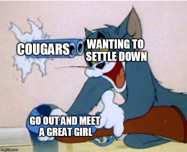 Tom and Jerry | COUGARS; WANTING TO SETTLE DOWN; GO OUT AND MEET A GREAT GIRL | image tagged in tom and jerry | made w/ Imgflip meme maker