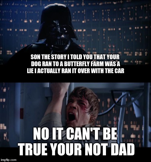 Star Wars No | SON THE STORY I TOLD YOU THAT YOUR DOG RAN TO A BUTTERFLY FARM WAS A LIE I ACTUALLY RAN IT OVER WITH THE CAR; NO IT CAN'T BE TRUE YOUR NOT DAD | image tagged in memes,star wars no | made w/ Imgflip meme maker