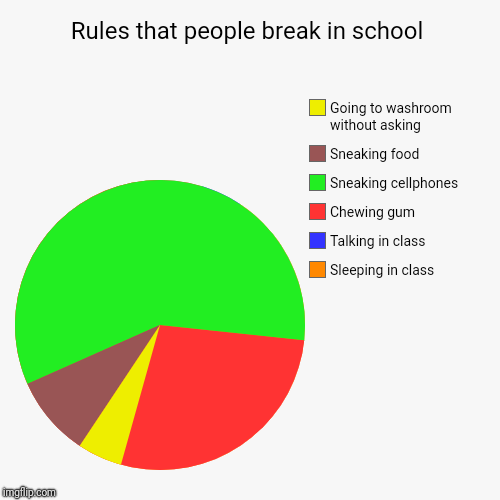 Rules that people break in school | Sleeping in class, Talking in class, Chewing gum, Sneaking cellphones , Sneaking food, Going to washroom | image tagged in funny,pie charts | made w/ Imgflip chart maker