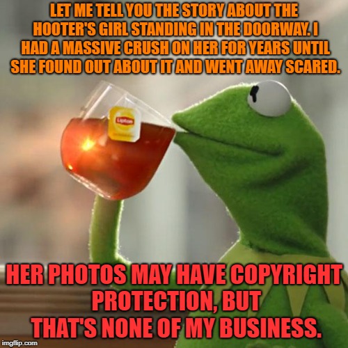But That's None Of My Business Meme | LET ME TELL YOU THE STORY ABOUT THE HOOTER'S GIRL STANDING IN THE DOORWAY. I HAD A MASSIVE CRUSH ON HER FOR YEARS UNTIL SHE FOUND OUT ABOUT IT AND WENT AWAY SCARED. HER PHOTOS MAY HAVE COPYRIGHT PROTECTION, BUT THAT'S NONE OF MY BUSINESS. | image tagged in memes,but thats none of my business,kermit the frog | made w/ Imgflip meme maker