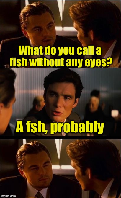 Blind pun | What do you call a fish without any eyes? A fsh, probably | image tagged in memes,inception,bad pun | made w/ Imgflip meme maker