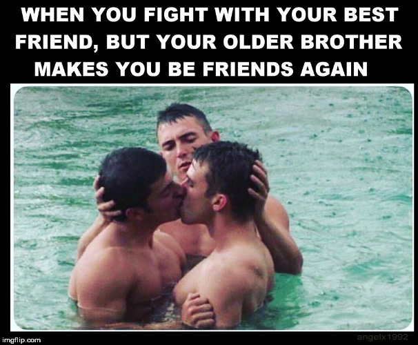 image tagged in freinds,big brother,ha gayyy,bros,fight,lgbtq | made w/ Imgflip meme maker