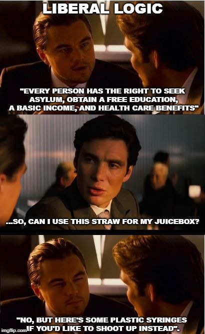 Inception | LIBERAL LOGIC; "EVERY PERSON HAS THE RIGHT TO SEEK ASYLUM, OBTAIN A FREE EDUCATION, A BASIC INCOME, AND HEALTH CARE BENEFITS"; ...SO, CAN I USE THIS STRAW FOR MY JUICEBOX? "NO, BUT HERE'S SOME PLASTIC SYRINGES IF YOU'D LIKE TO SHOOT UP INSTEAD". | image tagged in memes,inception | made w/ Imgflip meme maker