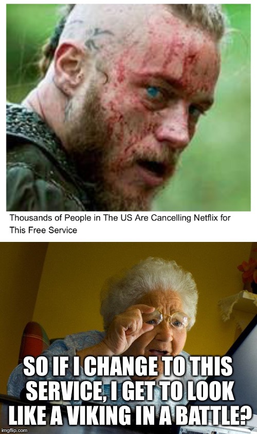 I’ma stick to Netflix  | SO IF I CHANGE TO THIS SERVICE, I GET TO LOOK LIKE A VIKING IN A BATTLE? | image tagged in grandma finds the internet,netflix | made w/ Imgflip meme maker