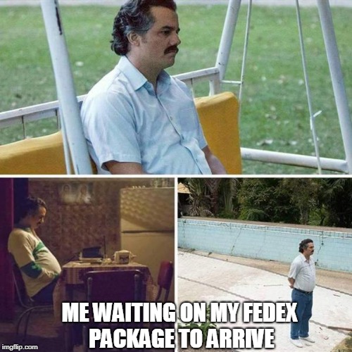 Sad Pablo Escobar Meme | ME WAITING ON MY FEDEX PACKAGE TO ARRIVE | image tagged in pablo escobar waiting | made w/ Imgflip meme maker