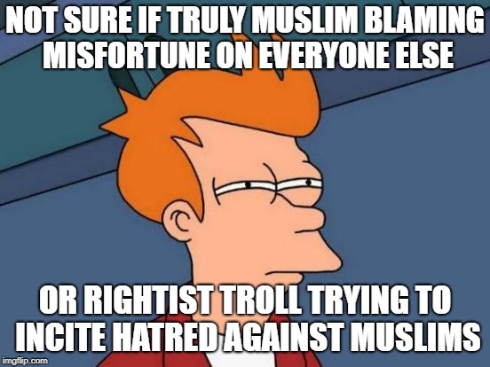 Futurama Fry Meme | NOT SURE IF TRULY MUSLIM BLAMING MISFORTUNE ON EVERYONE ELSE OR RIGHTIST TROLL TRYING TO INCITE HATRED AGAINST MUSLIMS | image tagged in memes,futurama fry | made w/ Imgflip meme maker