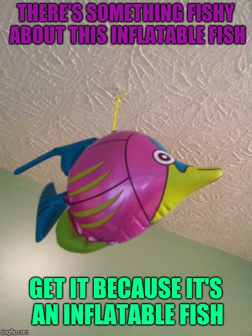 THERE'S SOMETHING FISHY ABOUT THIS INFLATABLE FISH; GET IT BECAUSE IT'S AN INFLATABLE FISH | image tagged in inflatable tropical fish | made w/ Imgflip meme maker